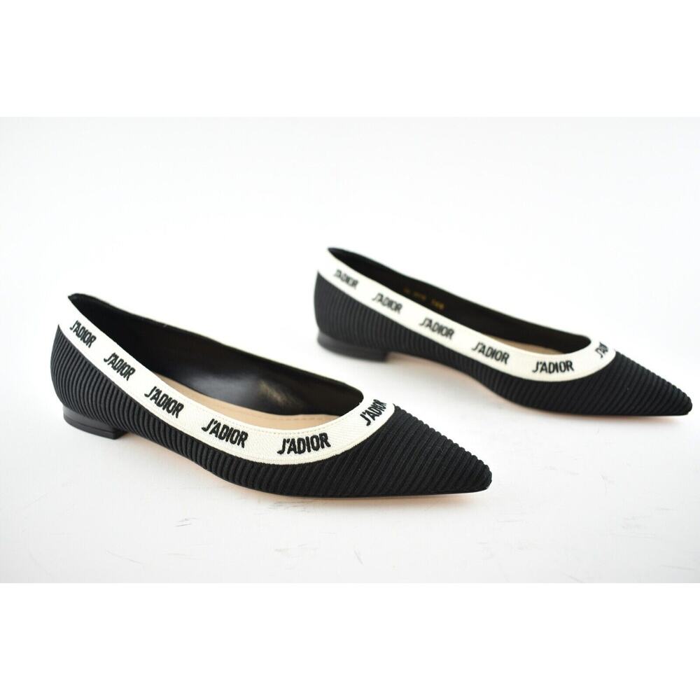 Dior J'adior Black White Ribbon Logo Embroidered Fabric Ballet Ballerina Flat 37 - Picture 4 of 12